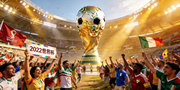 2022年世界杯大型体育营销活动现场 - 巨大的足球雕塑与欢呼的球迷